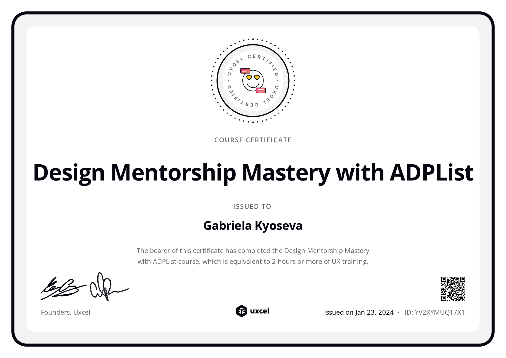 Gabriela Kyoseva's certificate